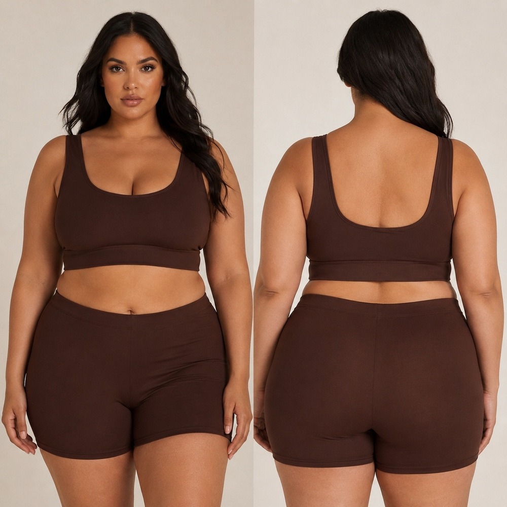 Skims Signature Swim Scoop Neck Bikini Top and Mid Rise Short Set Cocoa Brown 3X
